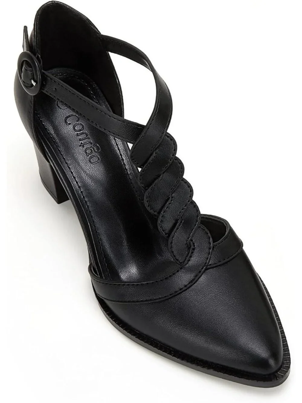 Women's Black Chunky Heels T Strap Pointed Toe Stacked Heeled Sandals Pumps